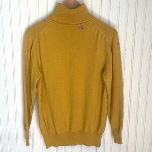 Ryan Roche 100% Cashmere Mustard Turtleneck Sweater with Pink Visible Mends
